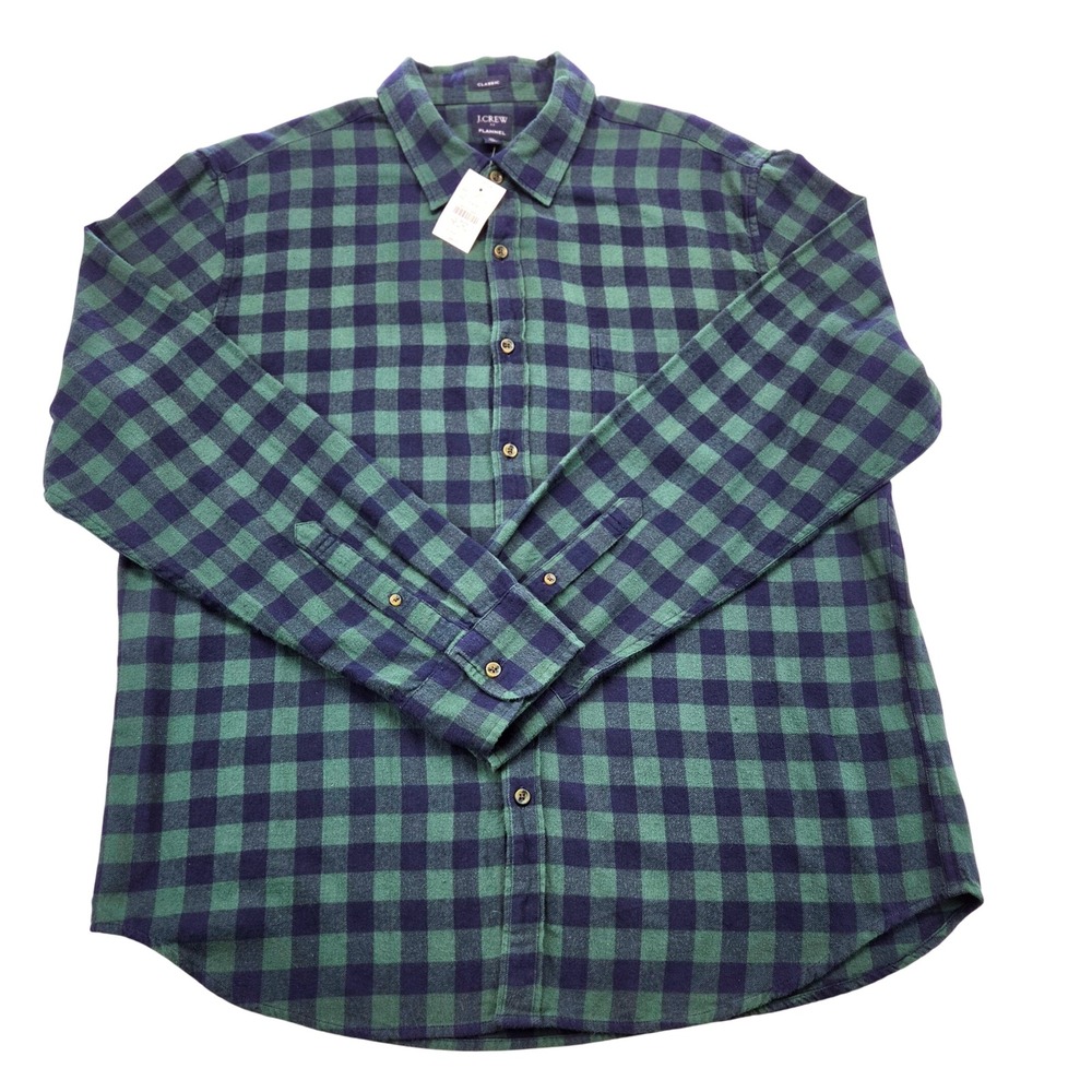 J.Crew Mens Size XL Flannel Shirt Green Navy Blue Buffalo Plaid Classic Fit NWT